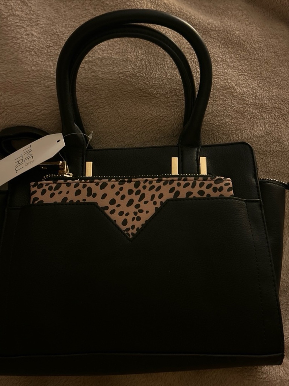 Black Satchel Handbag with Leopard Accent - Womens Bag